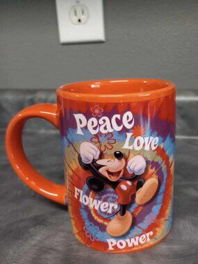 Jerry Leigh Disney Mickey Mouse Peace Love Flower Power Oversized Mug Orange